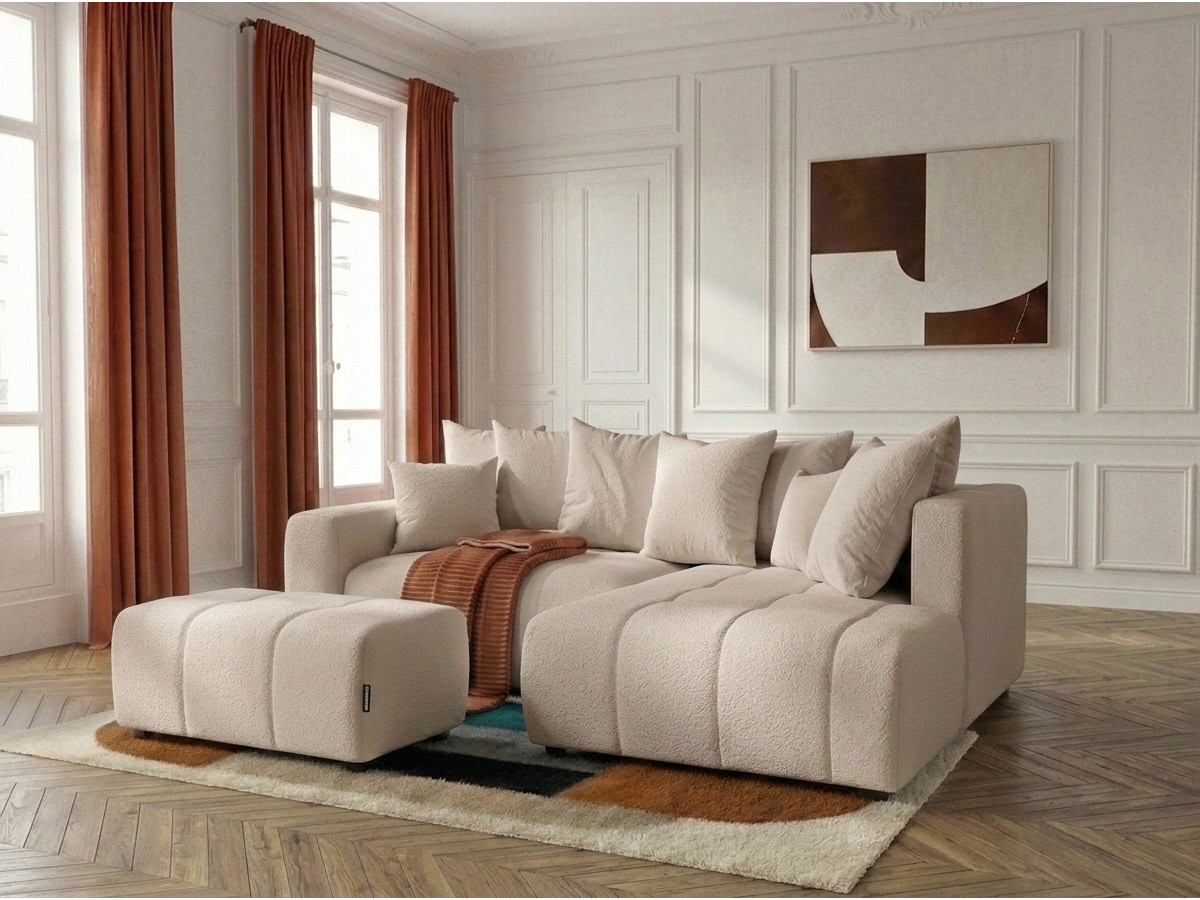 Canapé d'angle L convertible coffre ROXELANE tissu bouclette avec pouf