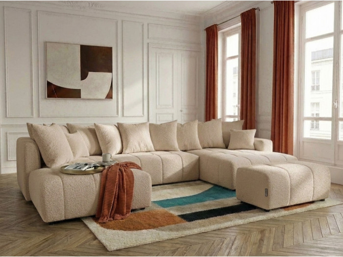 Canapé panoramique convertible ROXELANE tissu bouclette avec pouf