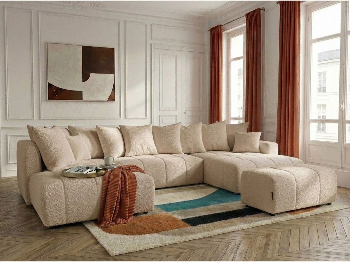 Canapé panoramique convertible ROXELANE tissu bouclette avec pouf