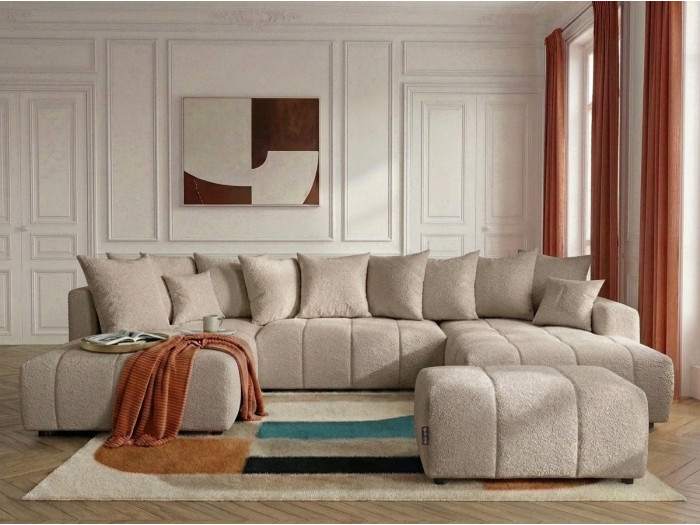 Canapé panoramique convertible ROXELANE tissu bouclette avec pouf