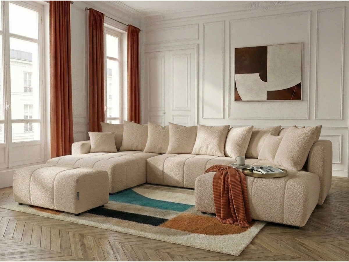 Canapé panoramique convertible ROXELANE tissu bouclette avec pouf beige angle gauche BOBOCHIC 6 places