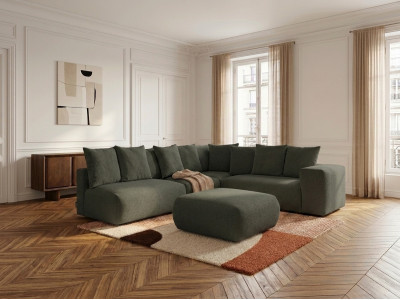 Canapé d'angle fixe modulable VOLTAIRE avec 2 chauffeuses 2 places, 1 angle et 1 chauffeuse 1 place tissu chiné avec pouf