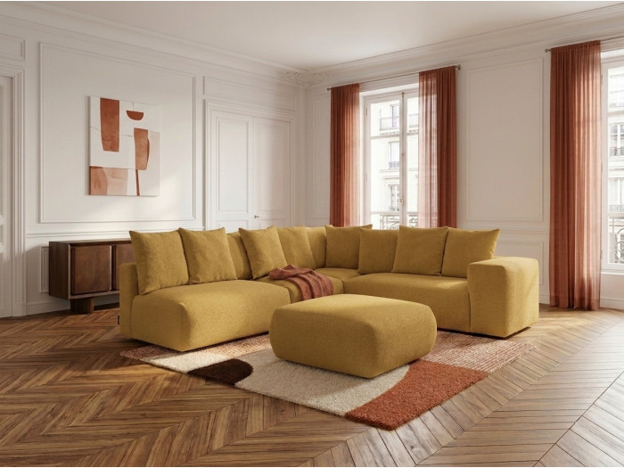 Canapé d'angle fixe modulable VOLTAIRE avec 2 chauffeuses 2 places, 1 angle et 1 chauffeuse 1 place tissu chiné avec pouf