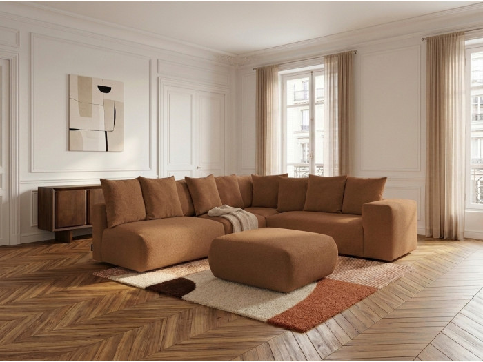 Canapé d'angle fixe modulable VOLTAIRE avec 2 chauffeuses 2 places, 1 angle et 1 chauffeuse 1 place tissu chiné avec pouf