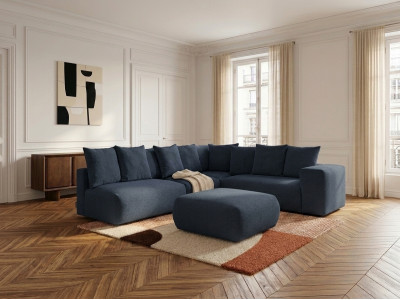 Canapé d'angle fixe modulable VOLTAIRE avec 2 chauffeuses 2 places, 1 angle et 1 chauffeuse 1 place tissu chiné avec pouf
