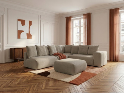 Canapé d'angle fixe modulable VOLTAIRE avec 2 chauffeuses 2 places, 1 angle et 1 chauffeuse 1 place tissu chiné avec pouf