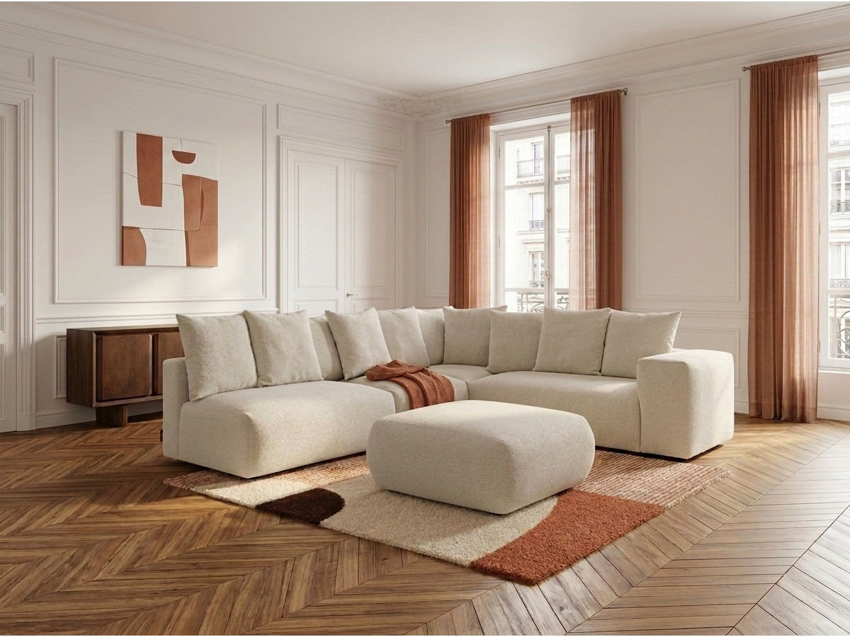 Canapé d'angle fixe modulable VOLTAIRE avec 2 chauffeuses 2 places, 1 angle et 1 chauffeuse 1 place tissu chiné avec pouf