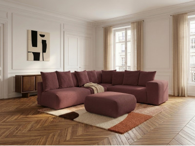 Canapé d'angle fixe modulable VOLTAIRE avec 2 chauffeuses 2 places, 1 angle et 1 chauffeuse 1 place tissu chiné avec pouf
