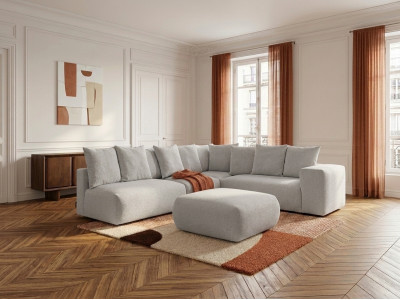 Canapé d'angle fixe modulable VOLTAIRE avec 2 chauffeuses 2 places, 1 angle et 1 chauffeuse 1 place tissu chiné avec pouf