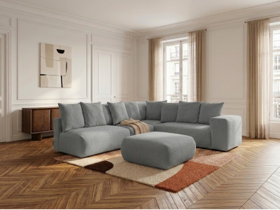Canapé d'angle fixe modulable VOLTAIRE avec 2 chauffeuses 2 places, 1 angle et 1 chauffeuse 1 place tissu chiné avec pouf