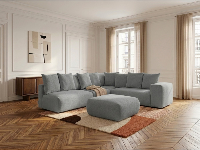 Canapé d'angle fixe modulable VOLTAIRE avec 2 chauffeuses 2 places, 1 angle et 1 chauffeuse 1 place tissu chiné avec pouf