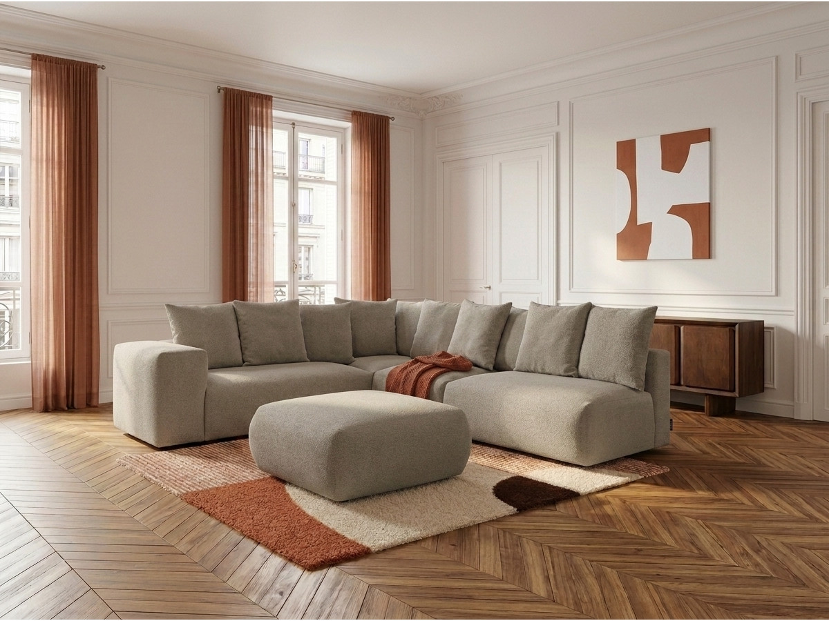 Canapé d'angle fixe modulable VOLTAIRE avec 2 chauffeuses 2 places, 1 angle et 1 chauffeuse 1 place tissu chiné avec pouf