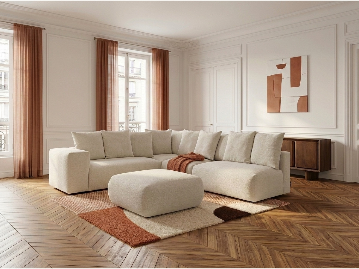 Canapé d'angle fixe modulable VOLTAIRE avec 2 chauffeuses 2 places, 1 angle et 1 chauffeuse 1 place tissu blanc  angle gauche BOBOCHIC 6 places