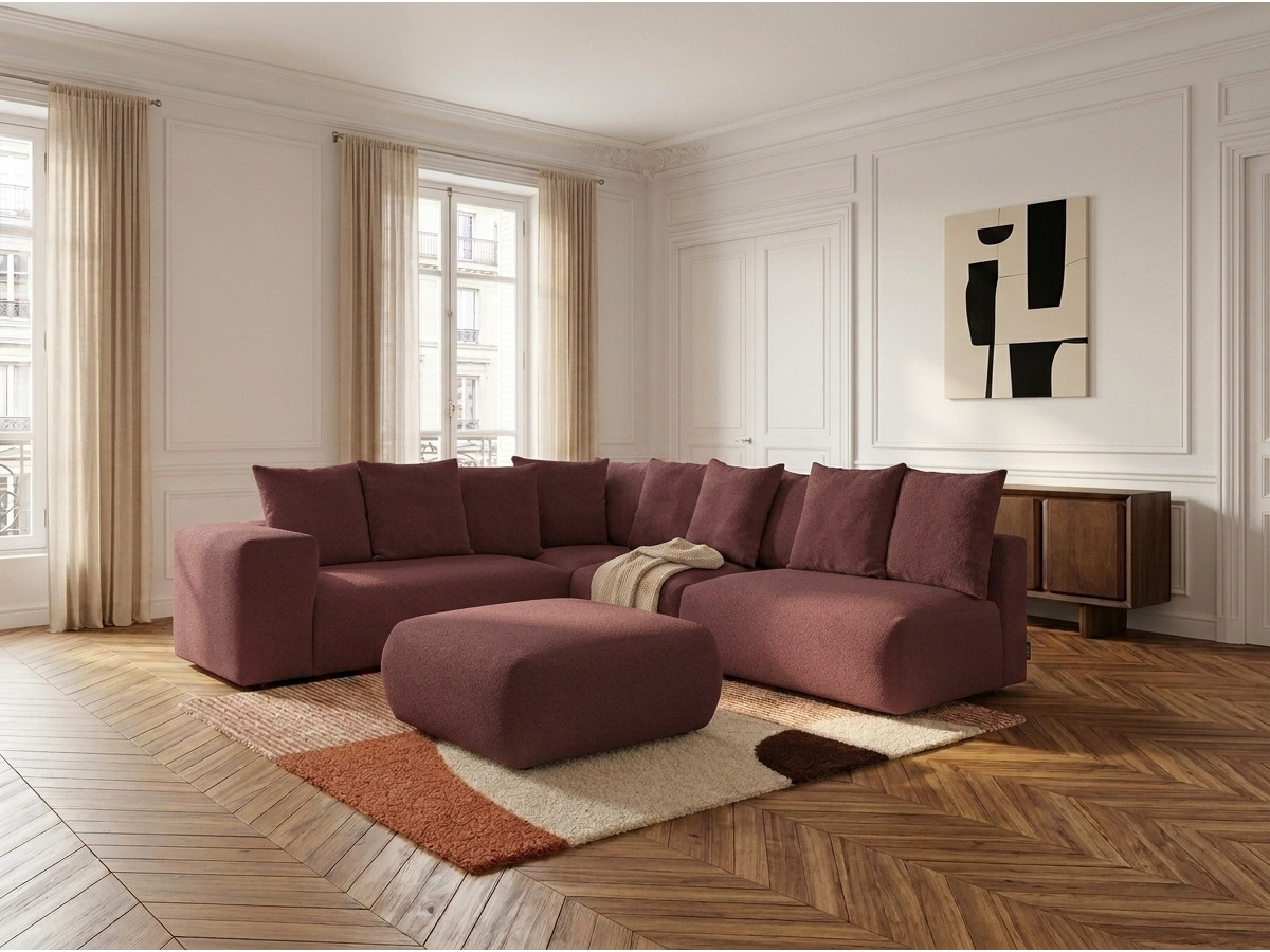 Canapé d'angle fixe modulable VOLTAIRE avec 2 chauffeuses 2 places, 1 angle et 1 chauffeuse 1 place tissu rouge  angle gauche BOBOCHIC 6 places