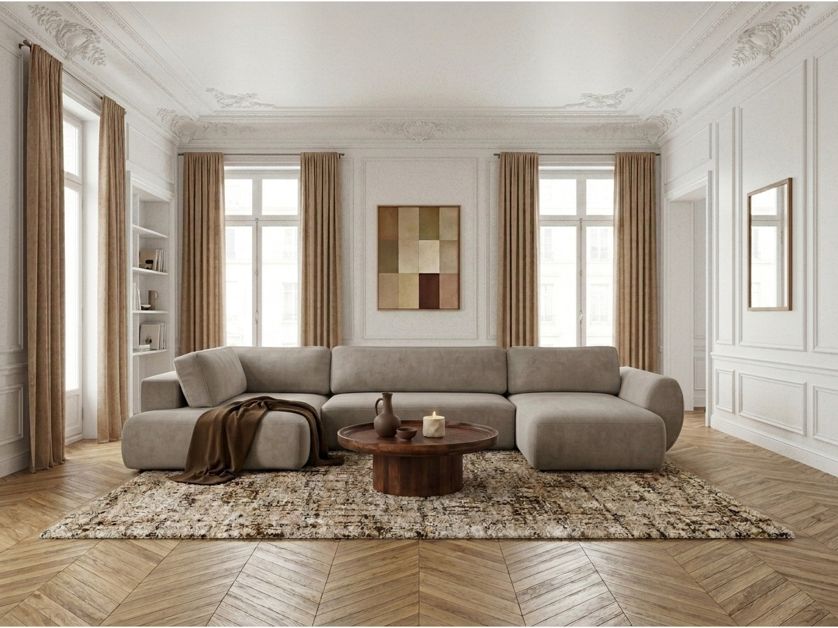 Canapé panoramique convertible coffre DENISE texturé taupe — vue 4