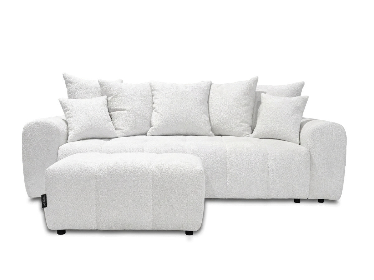 Canapé droit 3 places convertible ROXELANE bouclette avec pouf blanc — vue 3