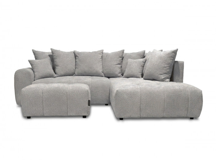 Canapé d'angle L convertible coffre ROXELANE tissu bouclette avec pouf