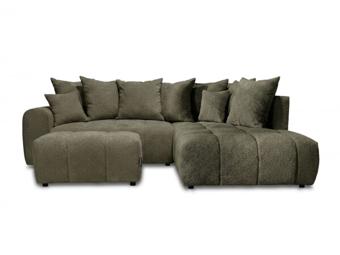 Canapé d'angle L convertible coffre ROXELANE tissu bouclette avec pouf