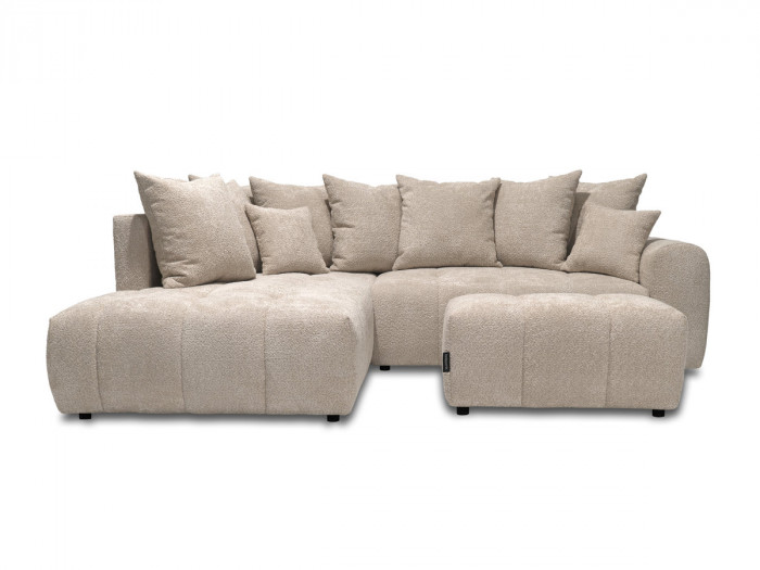 Canapé d'angle L convertible coffre ROXELANE tissu bouclette avec pouf
