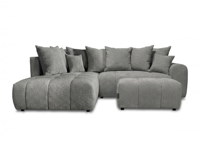 Canapé d'angle L convertible coffre ROXELANE tissu bouclette avec pouf