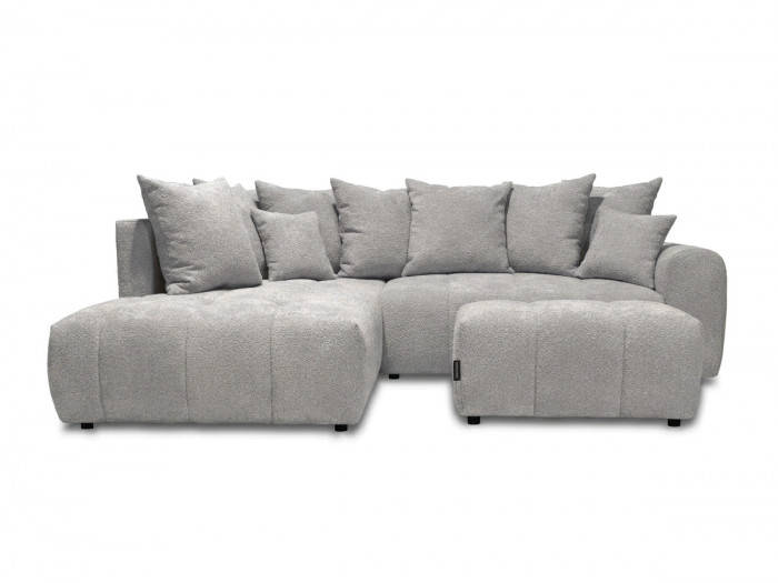 Canapé d'angle L convertible coffre ROXELANE tissu bouclette avec pouf