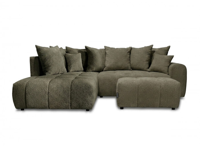 Canapé d'angle L convertible coffre ROXELANE tissu bouclette avec pouf