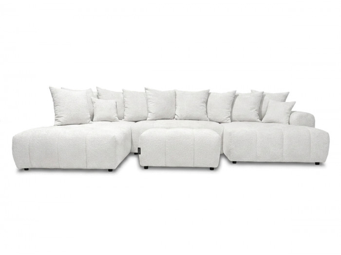 Canapé panoramique convertible ROXELANE tissu bouclette avec pouf