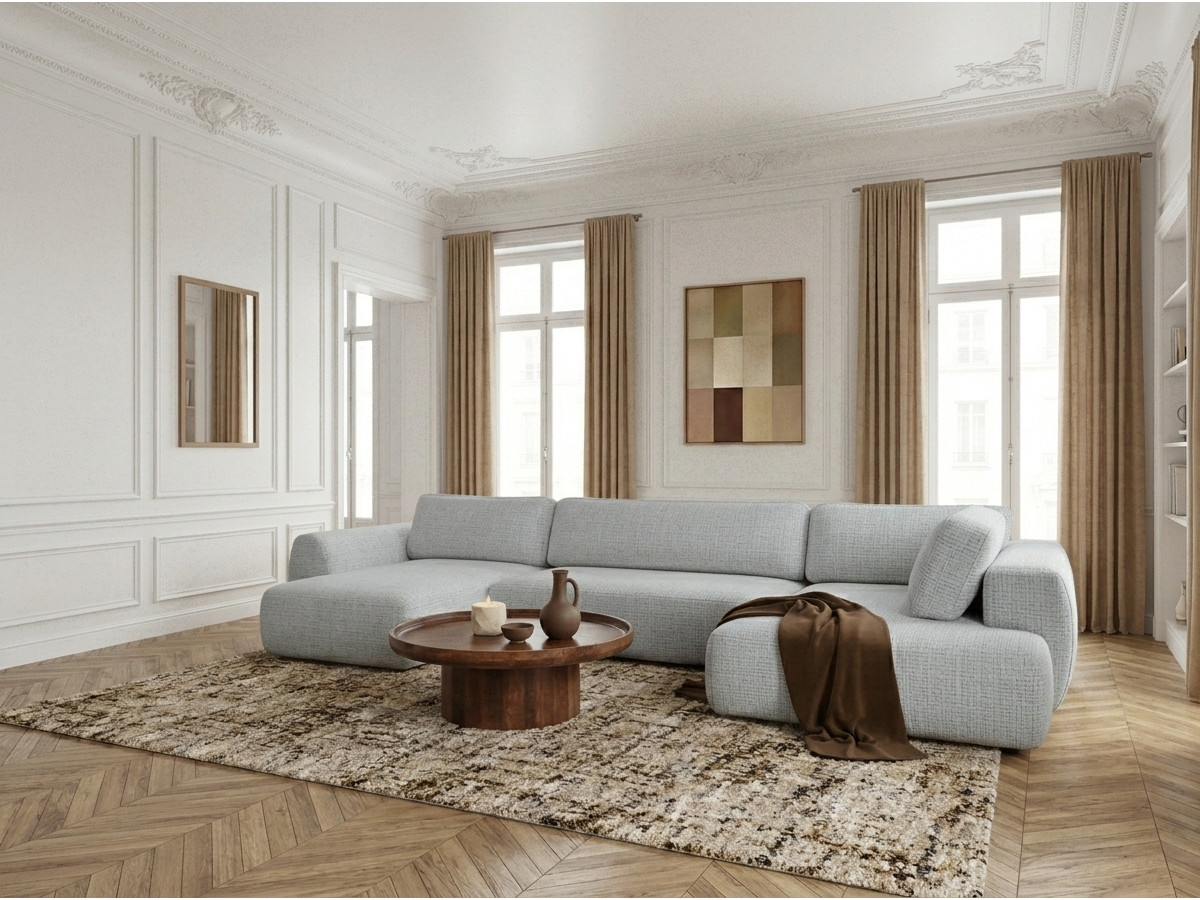 Canapé panoramique convertible coffre DENISE tissu texturé gris clair angle gauche BOBOCHIC 6 places