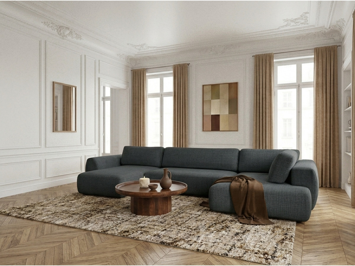Canapé panoramique convertible coffre DENISE tissu texturé noir  angle gauche BOBOCHIC 6 places