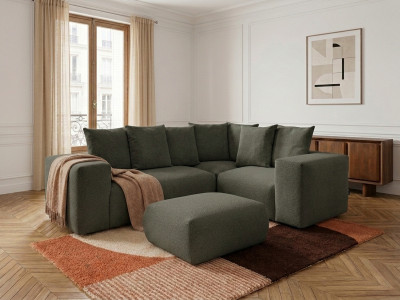 Canapé d'angle fixe modulable VOLTAIRE avec 1 chauffeuse 2 places, 1 angle et 1 chauffeuse 1 place tissu chiné avec pouf