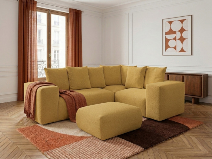 Canapé d'angle fixe modulable VOLTAIRE avec 1 chauffeuse 2 places, 1 angle et 1 chauffeuse 1 place tissu chiné avec pouf