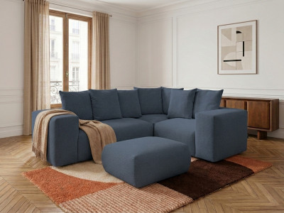 Canapé d'angle fixe modulable VOLTAIRE avec 1 chauffeuse 2 places, 1 angle et 1 chauffeuse 1 place tissu chiné avec pouf