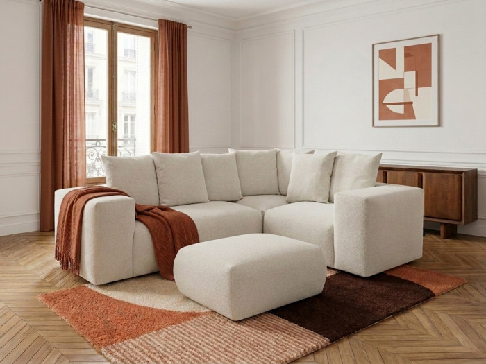 Canapé d'angle fixe modulable VOLTAIRE avec 1 chauffeuse 2 places, 1 angle et 1 chauffeuse 1 place tissu chiné avec pouf