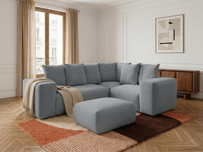 Canapé d'angle fixe modulable VOLTAIRE avec 1 chauffeuse 2 places, 1 angle et 1 chauffeuse 1 place tissu chiné avec pouf
