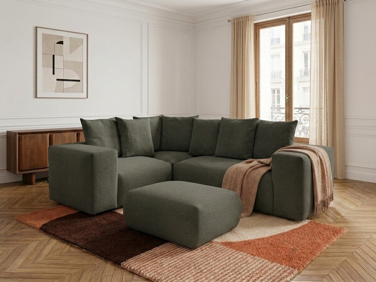 VOLTAIRE modulaire vaste hoekbank met 1 2-zits fauteuil, 1 hoek- en 1 1-zits fauteuil in gem?leerde stof met poef
