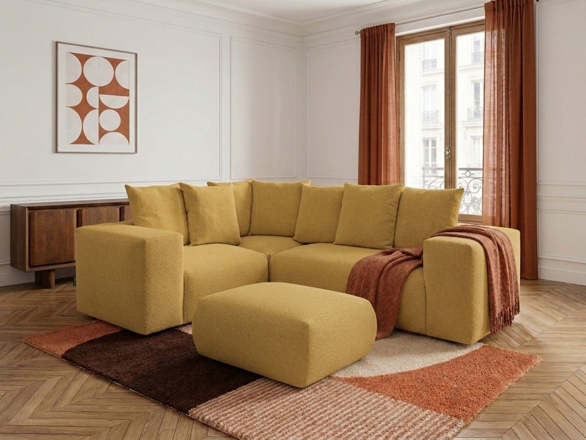 VOLTAIRE modulaire vaste hoekbank met 1 2-zits fauteuil, 1 hoek- en 1 1-zits fauteuil in gem?leerde stof met poef