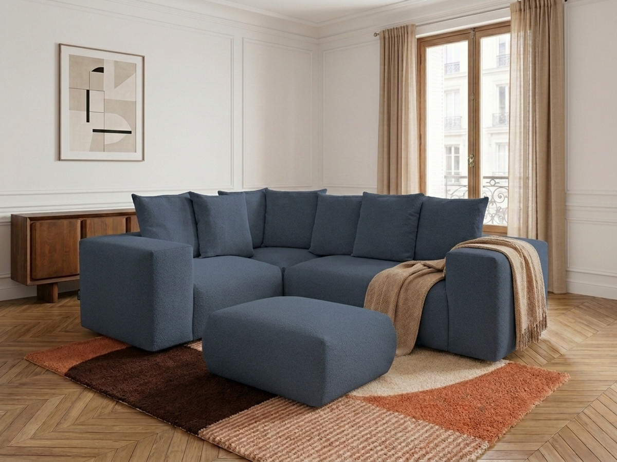 VOLTAIRE modulaire vaste hoekbank met 1 2-zits fauteuil, 1 hoek- en 1 1-zits fauteuil in gem?leerde stof met poef