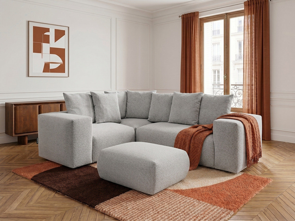 Canapé d'angle fixe modulable VOLTAIRE avec 1 chauffeuse 2 places, 1 angle et 1 chauffeuse 1 place tissu chiné avec pouf