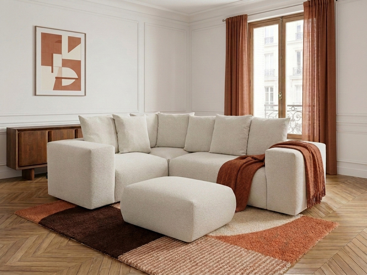 VOLTAIRE modulaire vaste hoekbank met 1 2-zits fauteuil, 1 hoek- en 1 1-zits fauteuil in gem?leerde stof met poef