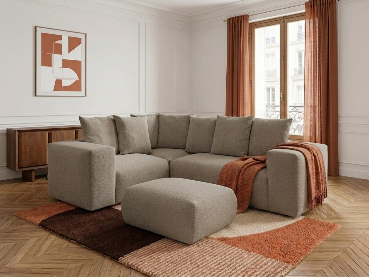 VOLTAIRE modulaire vaste hoekbank met 1 2-zits fauteuil, 1 hoek- en 1 1-zits fauteuil in gem?leerde stof met poef