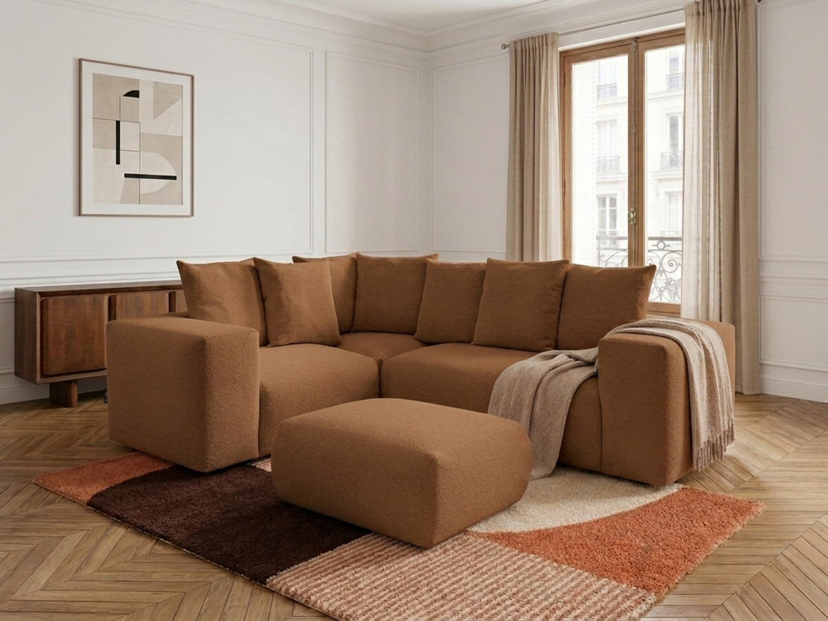 VOLTAIRE modulaire vaste hoekbank met 1 2-zits fauteuil, 1 hoek- en 1 1-zits fauteuil in gem?leerde stof met poef