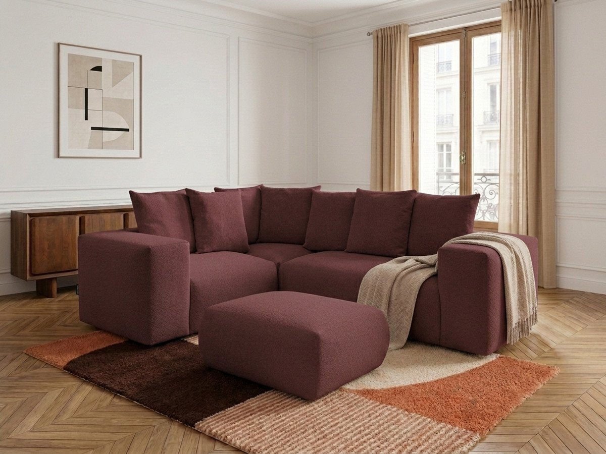 Canapé d'angle fixe modulable VOLTAIRE avec 1 chauffeuse 2 places, 1 angle et 1 chauffeuse 1 place tissu chiné rouge  angle gauche BOBOCHIC 4 places