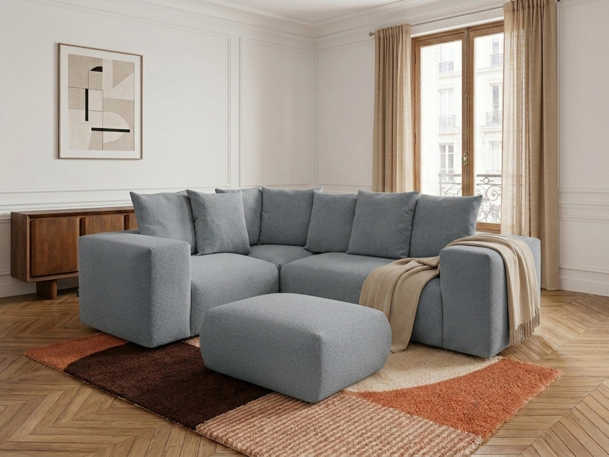 Canapé d'angle fixe modulable VOLTAIRE avec 1 chauffeuse 2 places, 1 angle et 1 chauffeuse 1 place tissu chiné avec pouf