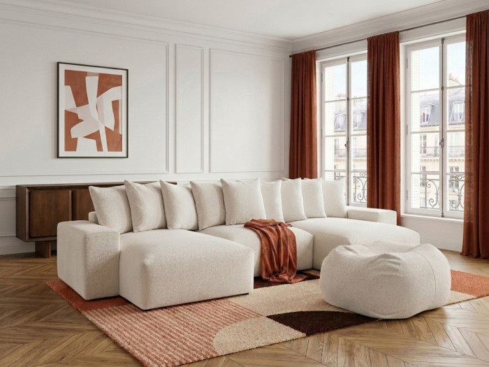 Canapé panoramique fixe VOLTAIRE tissu chiné avec pouf