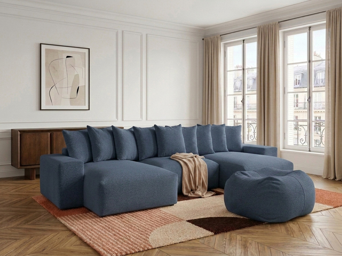 Canapé panoramique VOLTAIRE chiné avec pouf bleu foncé
