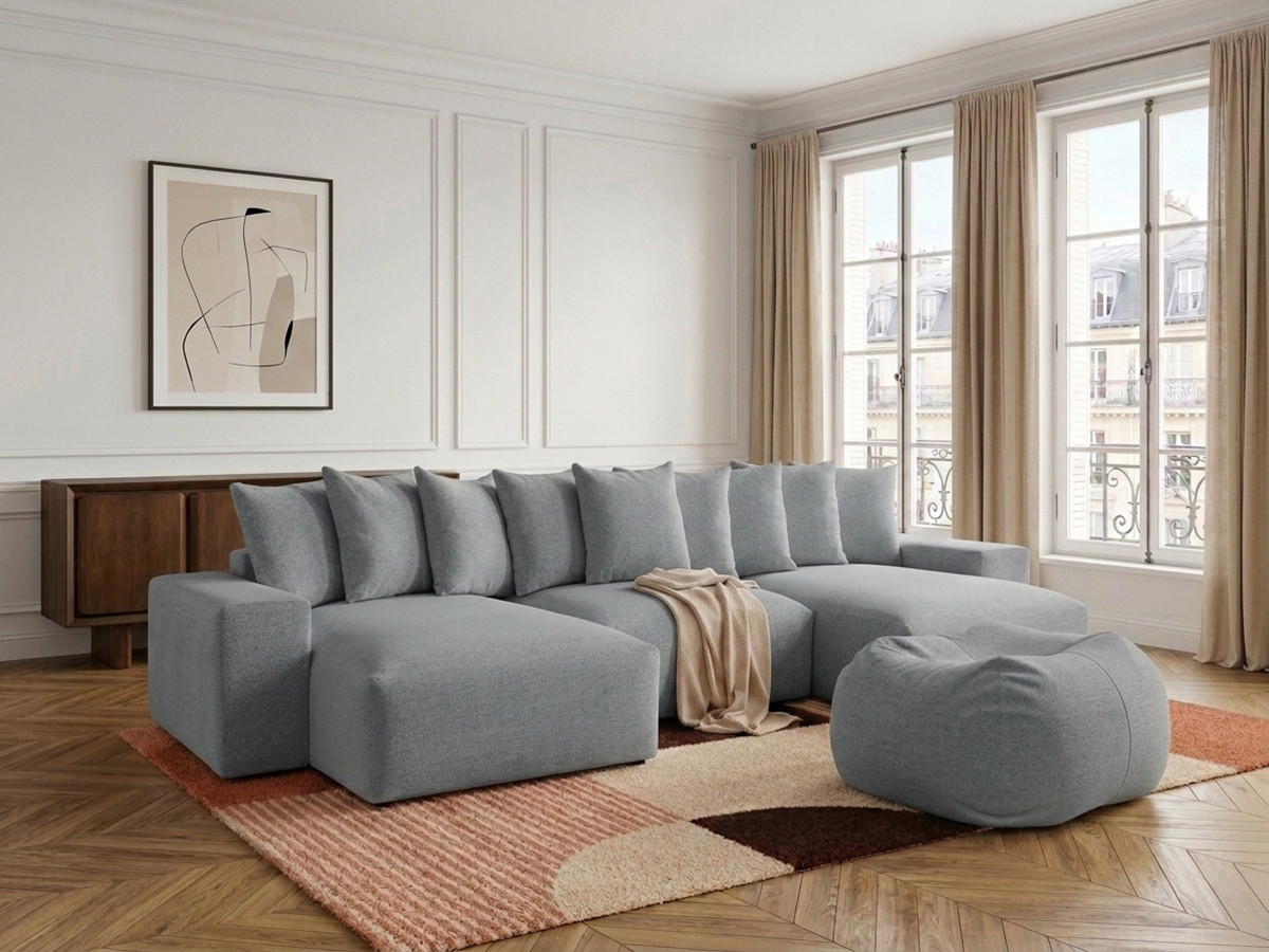 Canapé panoramique VOLTAIRE chiné avec pouf gris foncé