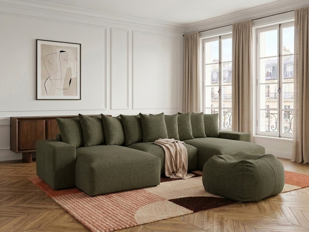 Canapé panoramique VOLTAIRE chiné avec pouf vert