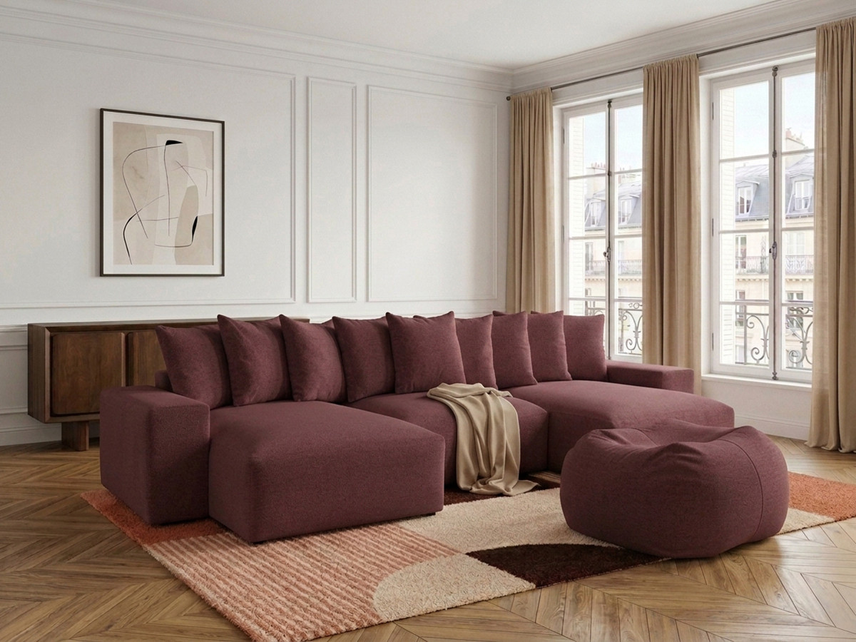 Canapé panoramique VOLTAIRE chiné avec pouf rouge