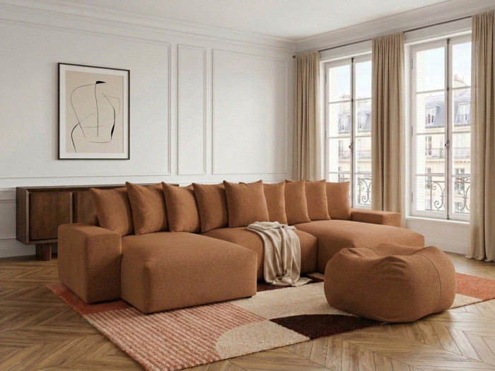 Canapé panoramique fixe VOLTAIRE tissu chiné avec pouf