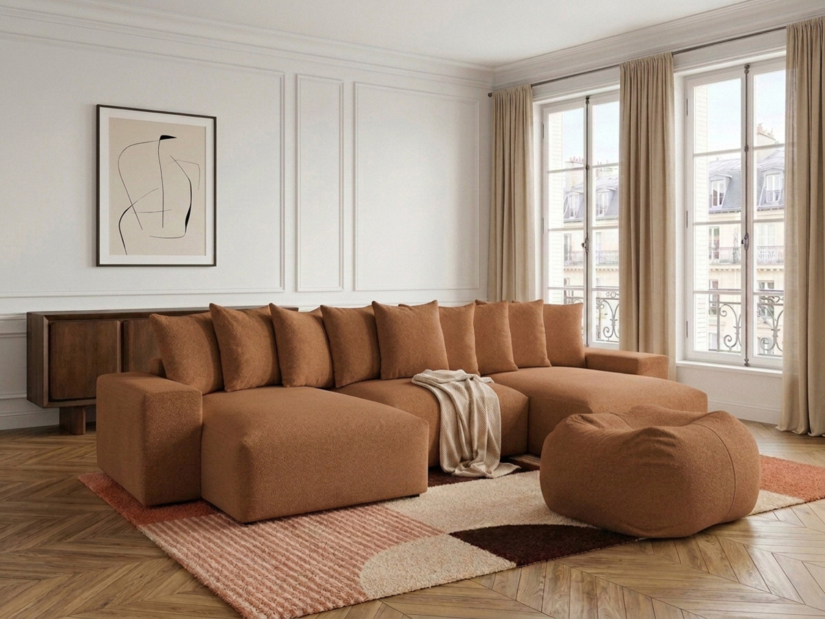 Canapé panoramique VOLTAIRE chiné avec pouf orange